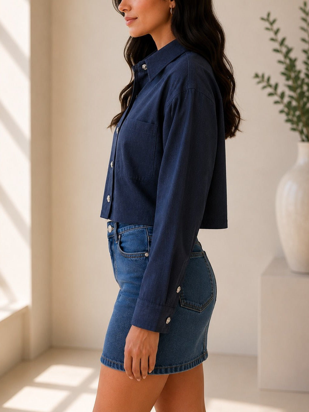 Ladies Navy Button Up Cropped Shirt - StylePhase SA