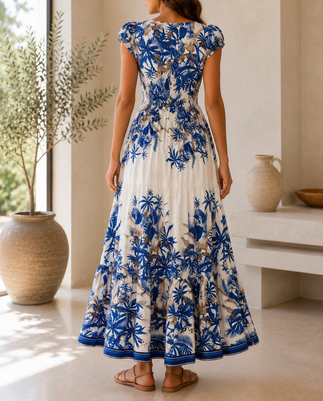 Ladies Navy Floral Smoked Waist Maxi Dress - StylePhase SA