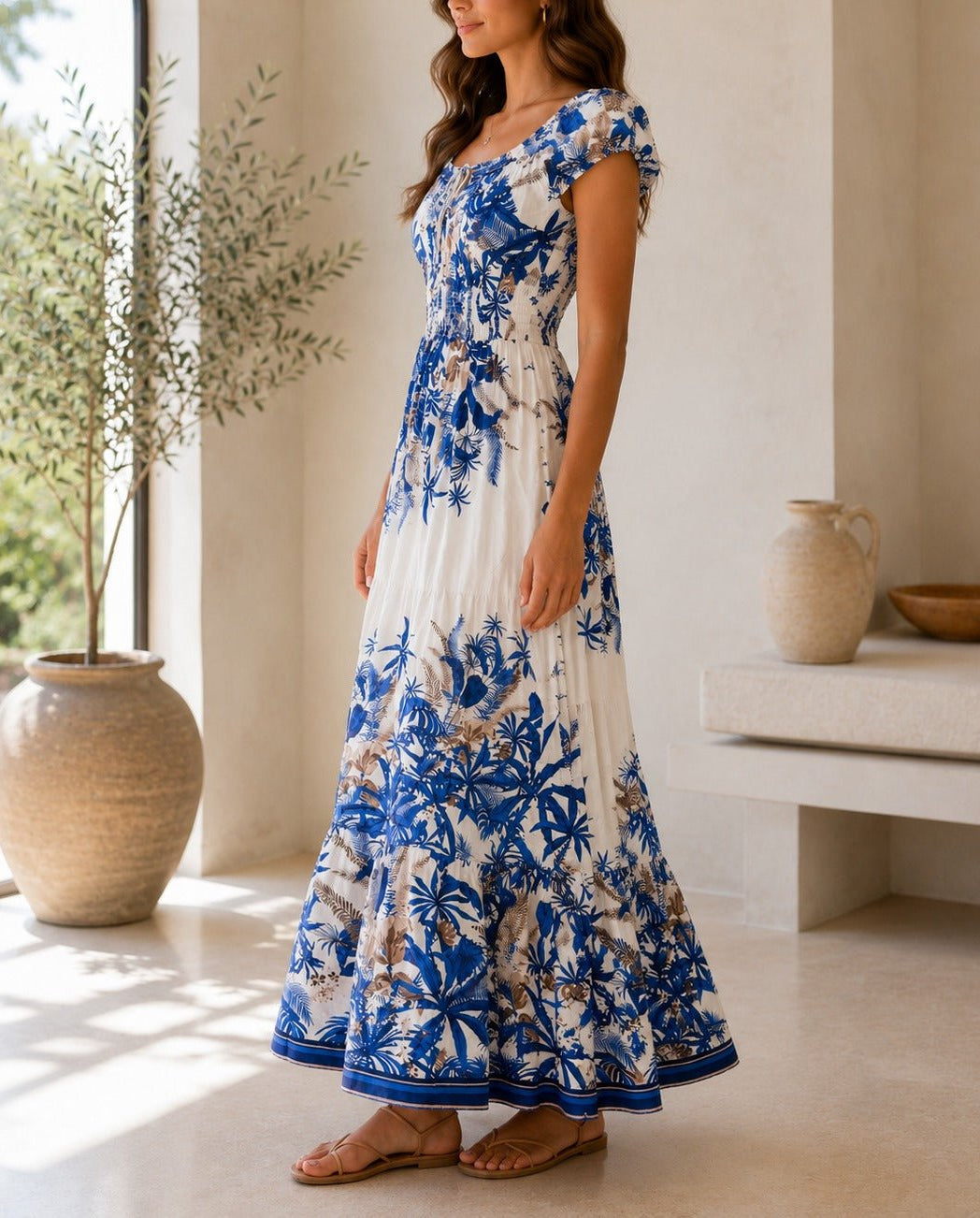 Ladies Navy Floral Smoked Waist Maxi Dress - StylePhase SA