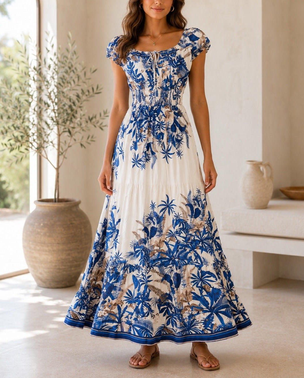 Ladies Navy Floral Smoked Waist Maxi Dress - StylePhase SA