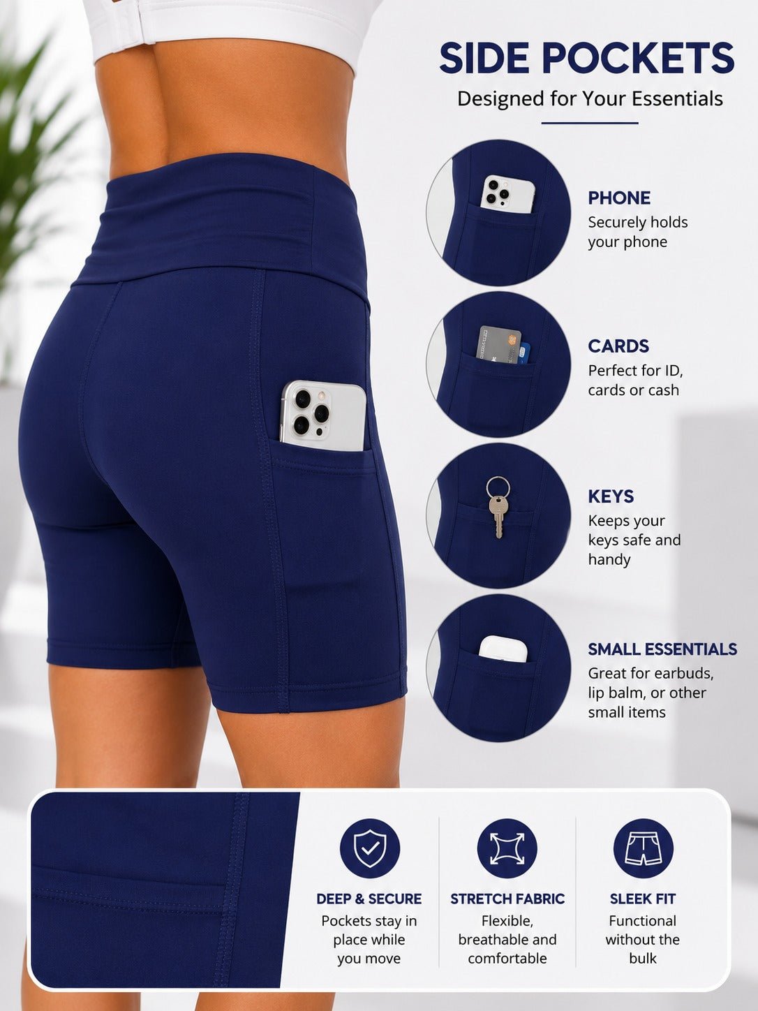 Ladies Navy High-Waist Side Pocket Activewear Shorts - StylePhase SA