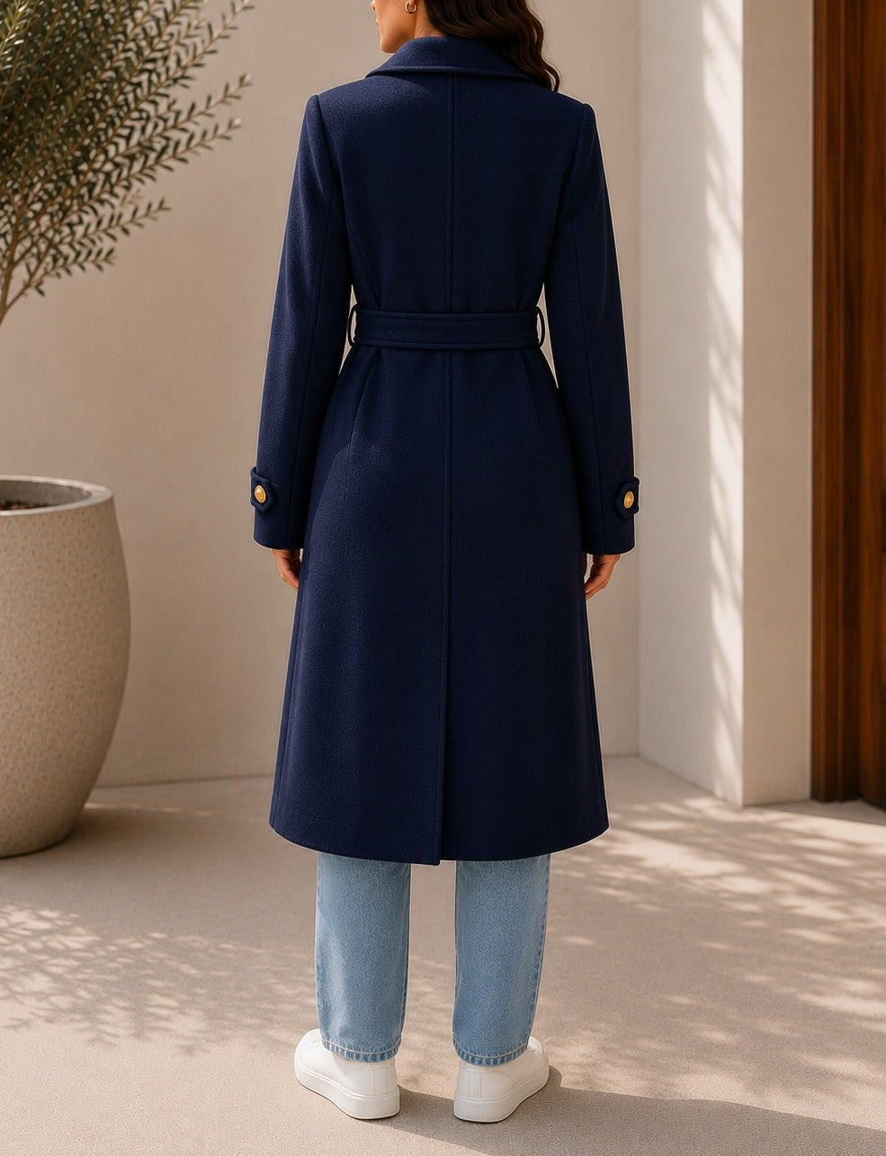 Ladies Navy Pleated Button Detail Melton Coat - StylePhase SA