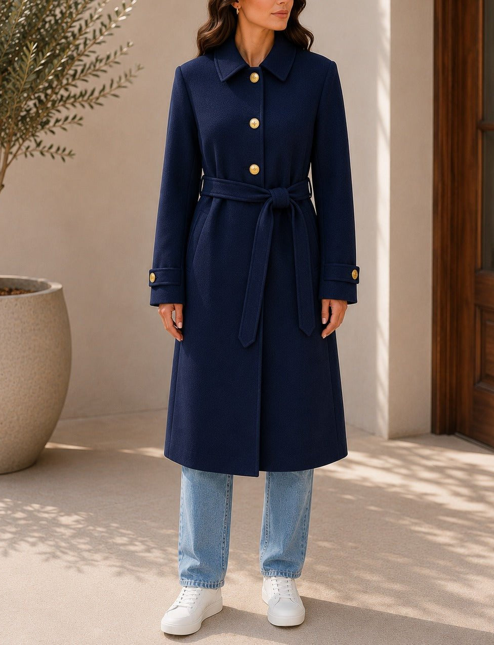 Ladies Navy Pleated Button Detail Melton Coat - StylePhase SA