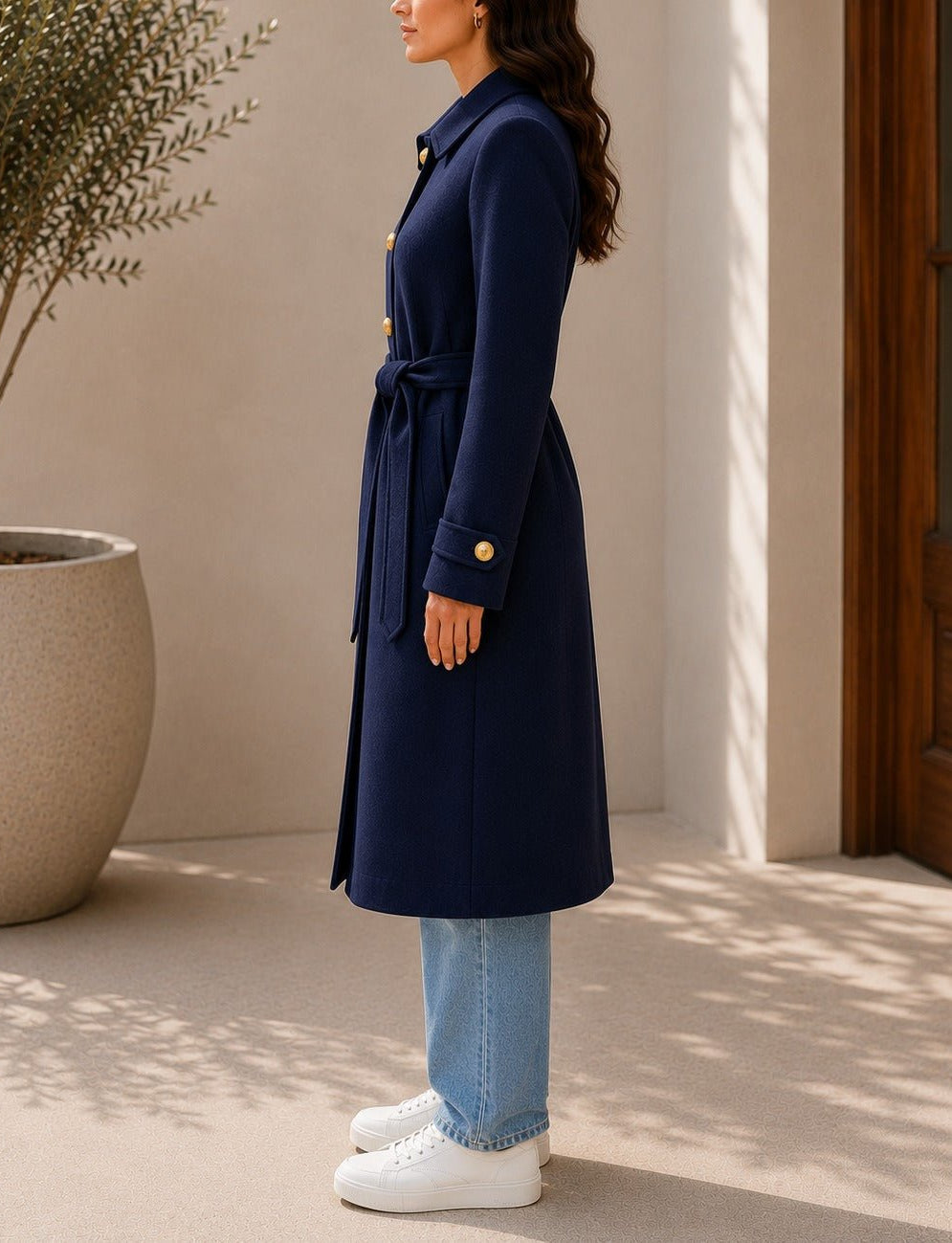 Ladies Navy Pleated Button Detail Melton Coat - StylePhase SA