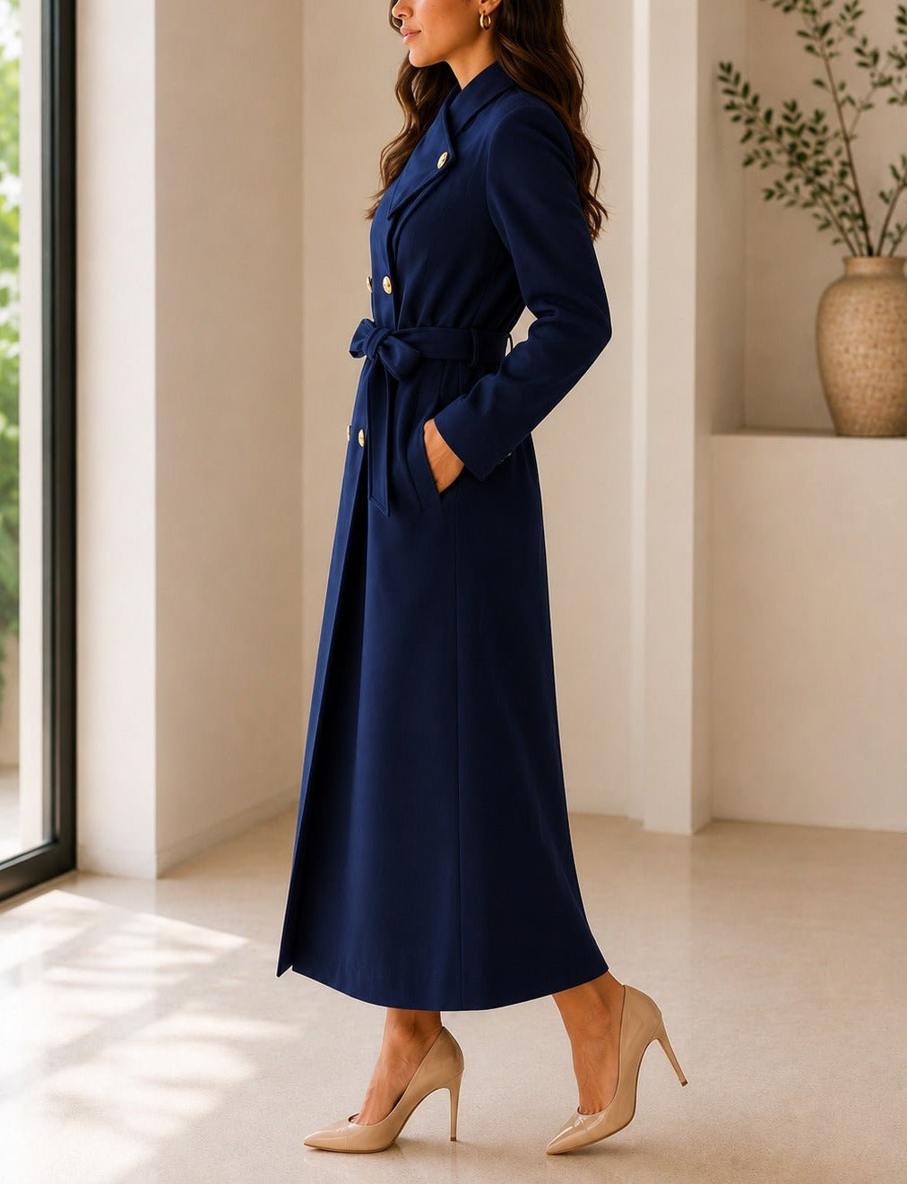 Ladies Navy Side Collar Double Breasted Melton Coat - StylePhase SA