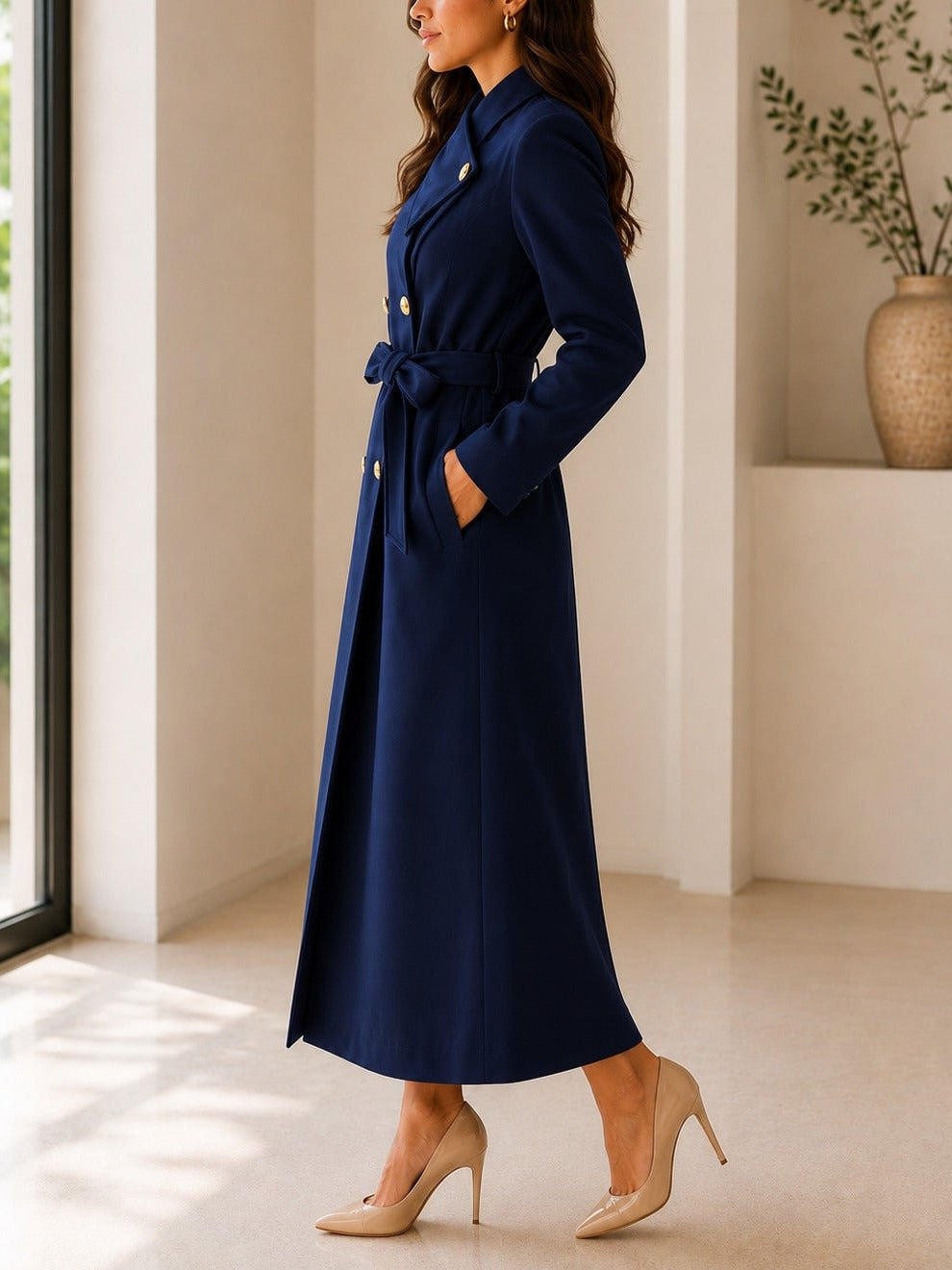 Ladies Navy Side Collar Double Breasted Melton Coat - StylePhase SA