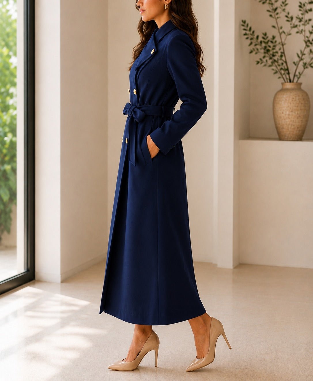 Ladies Navy Side Collar Double Breasted Melton Coat - StylePhase SA