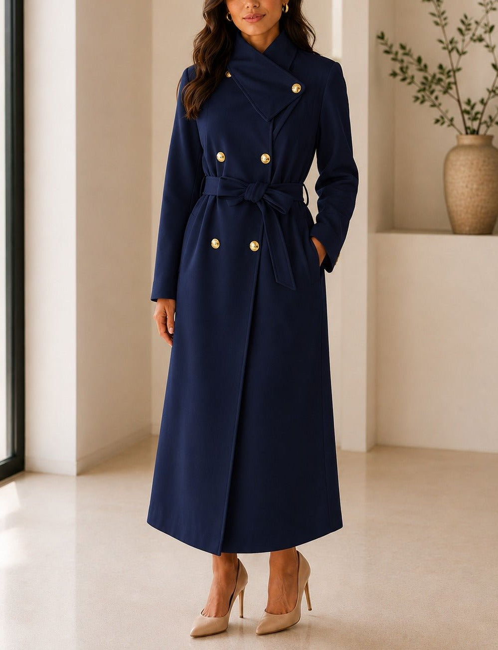 Ladies Navy Side Collar Double Breasted Melton Coat - StylePhase SA