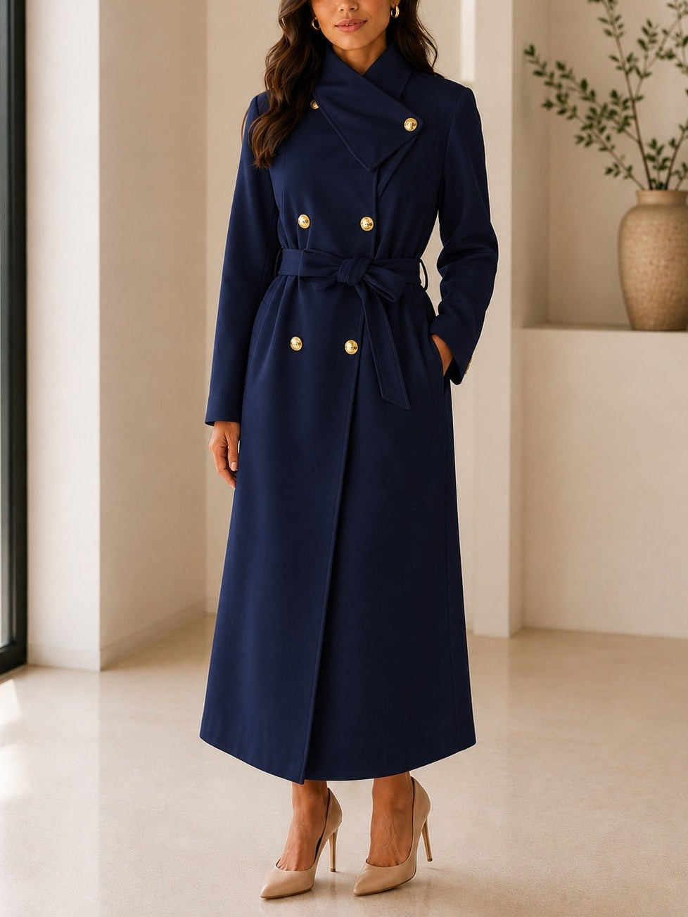 Ladies Navy Side Collar Double Breasted Melton Coat - StylePhase SA
