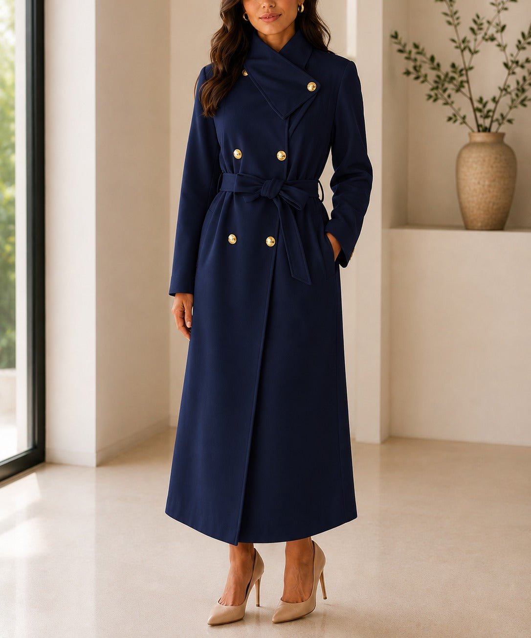 Ladies Navy Side Collar Double Breasted Melton Coat - StylePhase SA