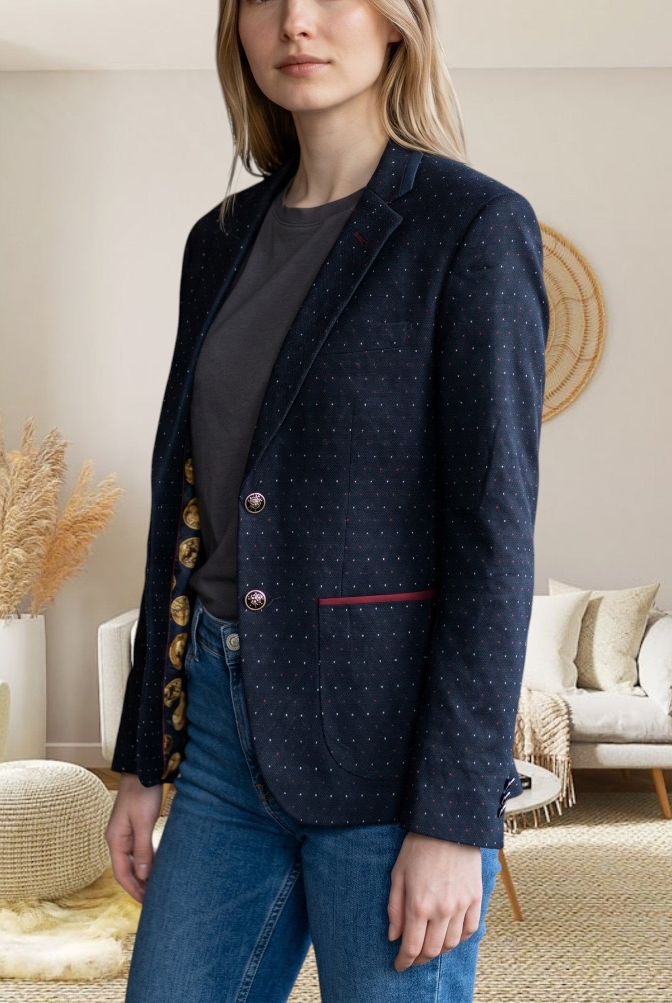 Ladies Navy Spotted Slim Fit Blazer Coat - StylePhase SA