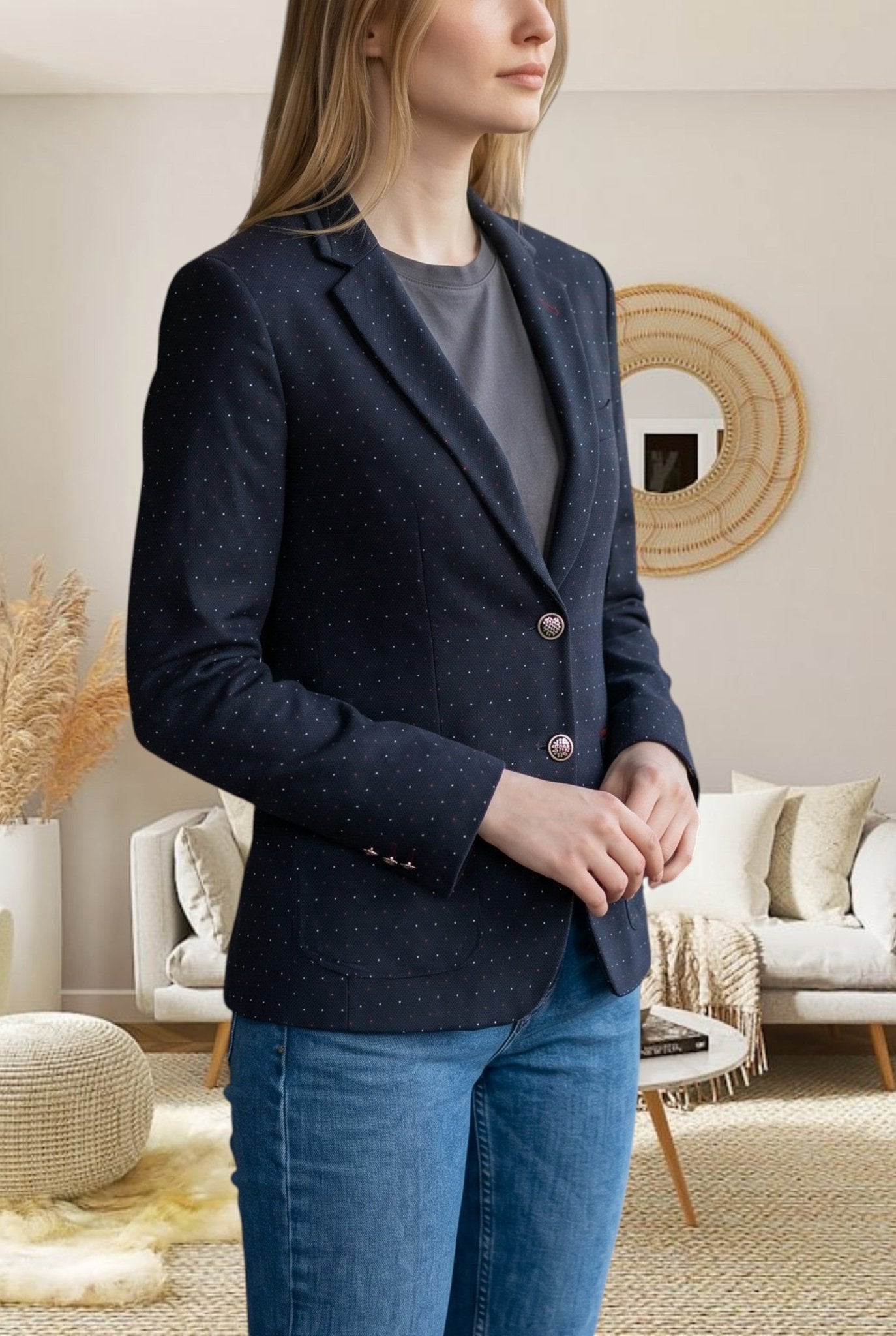 Ladies Navy Spotted Slim Fit Blazer Coat - StylePhase SA