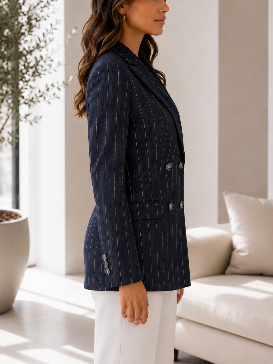 Ladies Navy Stripe Double Breast Blazer - StylePhase SA