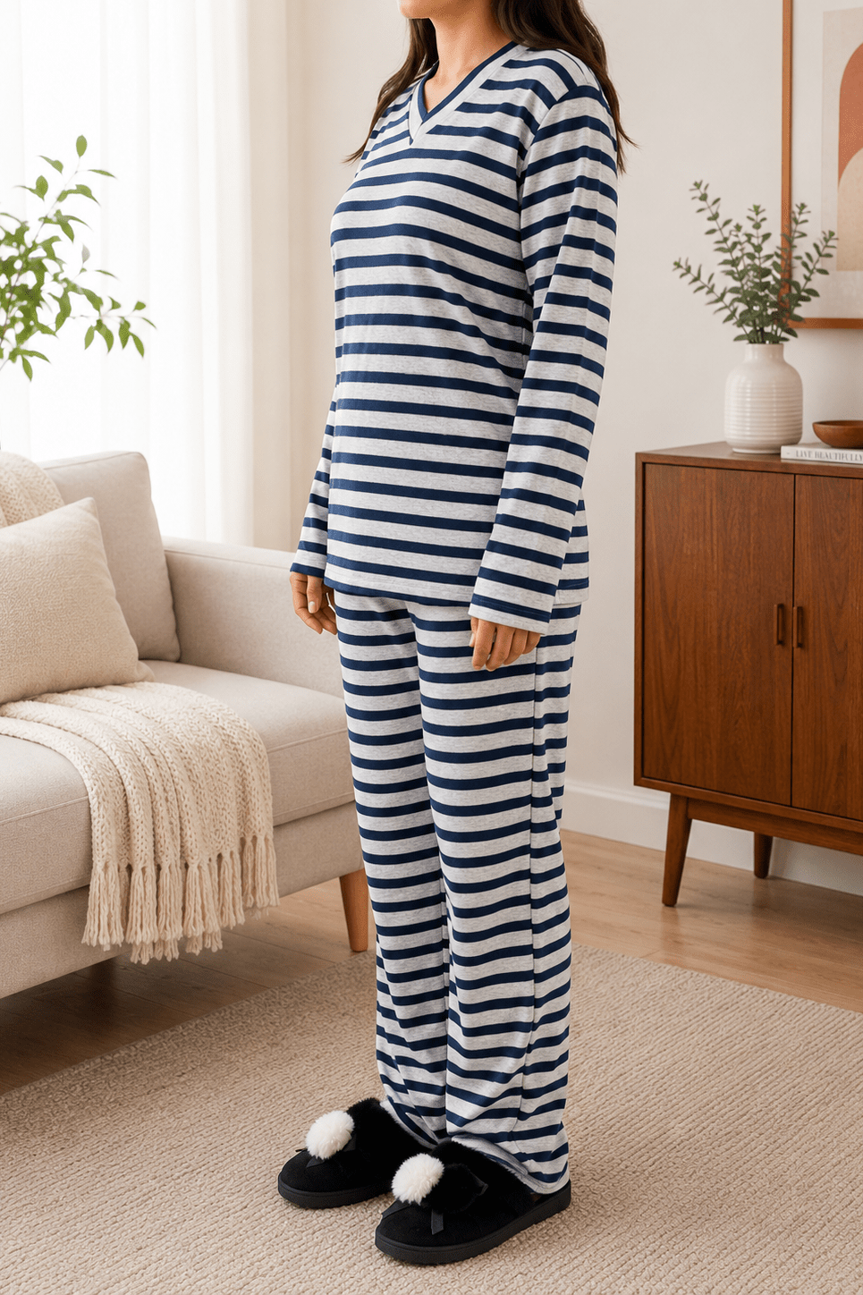 Ladies Navy Stripes Grey Polar Fleece Printed Pyjama Set - StylePhase SA