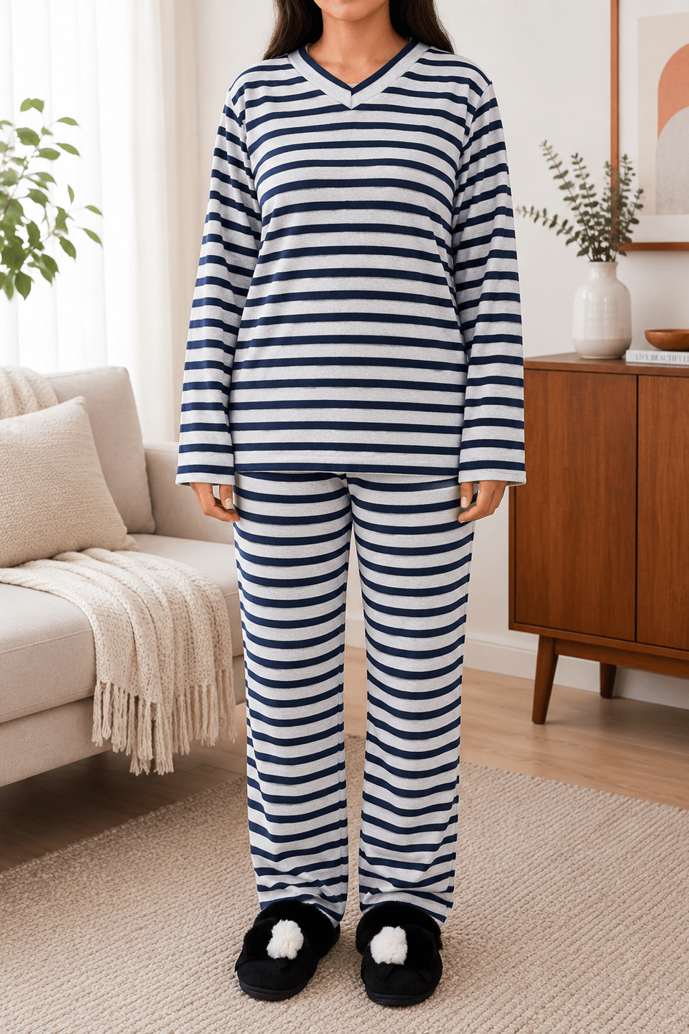 Ladies Navy Stripes Grey Polar Fleece Printed Pyjama Set - StylePhase SA