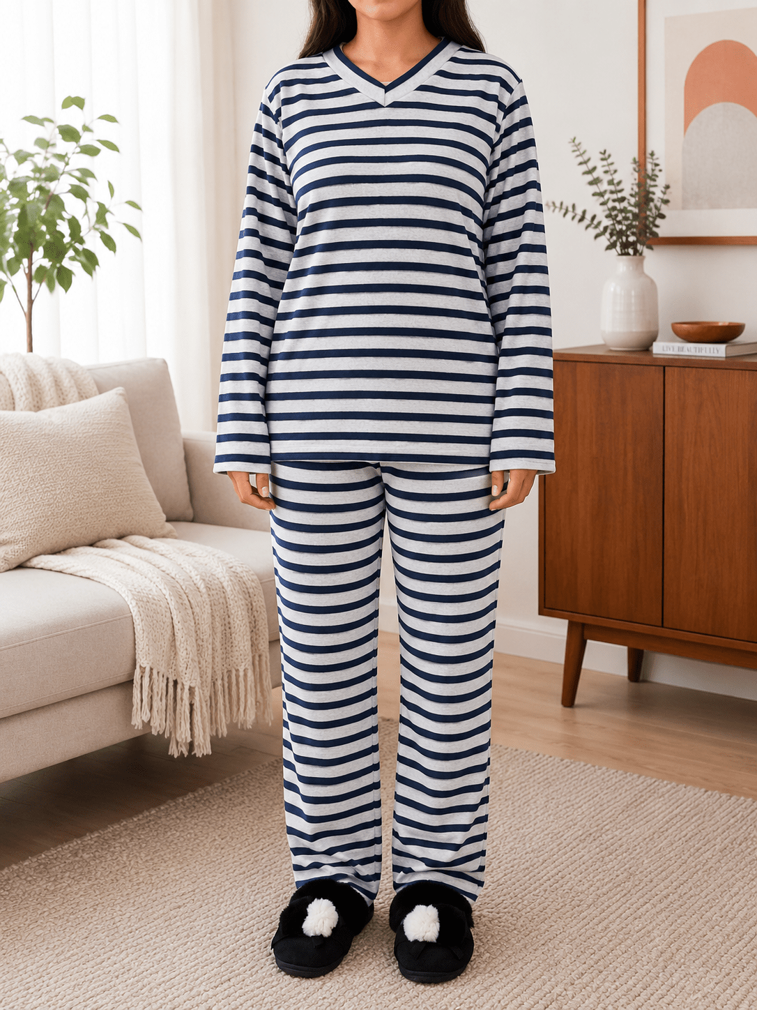 Ladies Navy Stripes Grey Polar Fleece Printed Pyjama Set - StylePhase SA