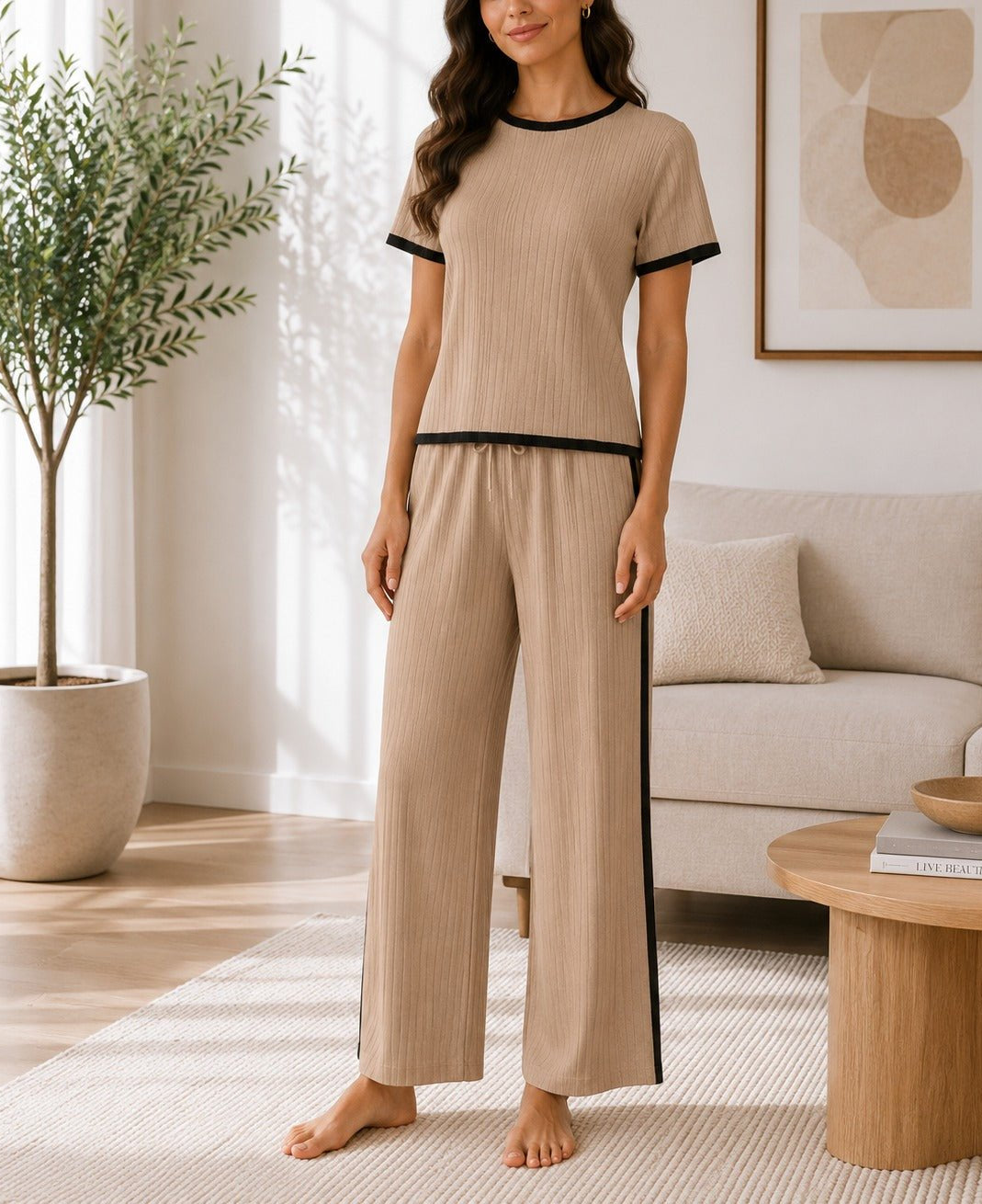 Ladies New Feeling Beige and Black Ribbed Set - StylePhase SA