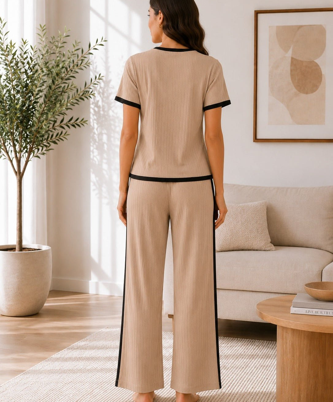 Ladies New Feeling Beige and Black Ribbed Set - StylePhase SA