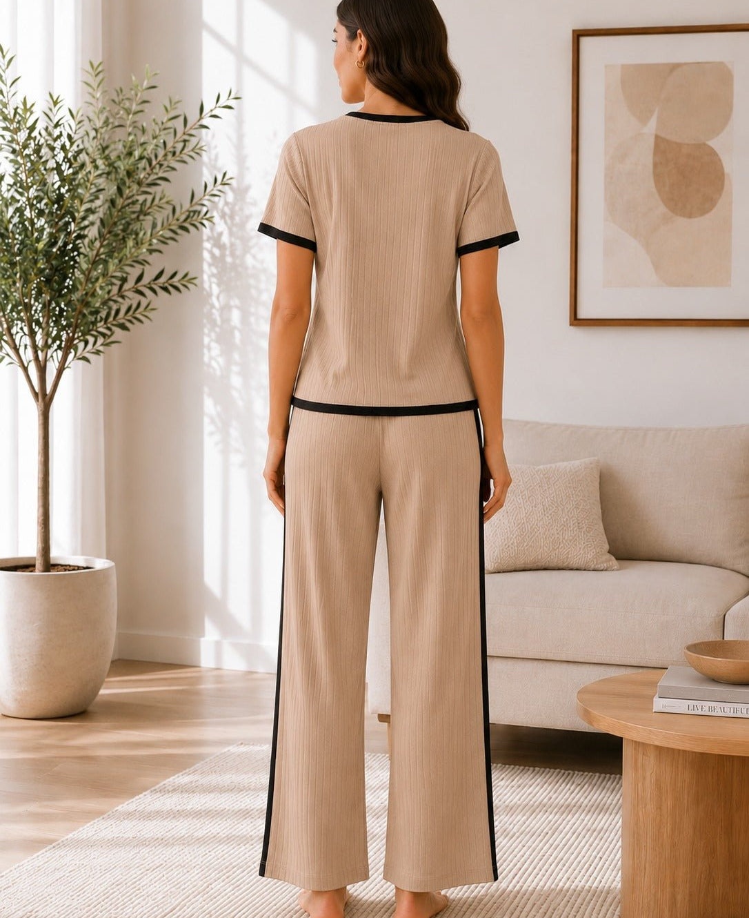 Ladies New Feeling Beige and Black Ribbed Set - StylePhase SA