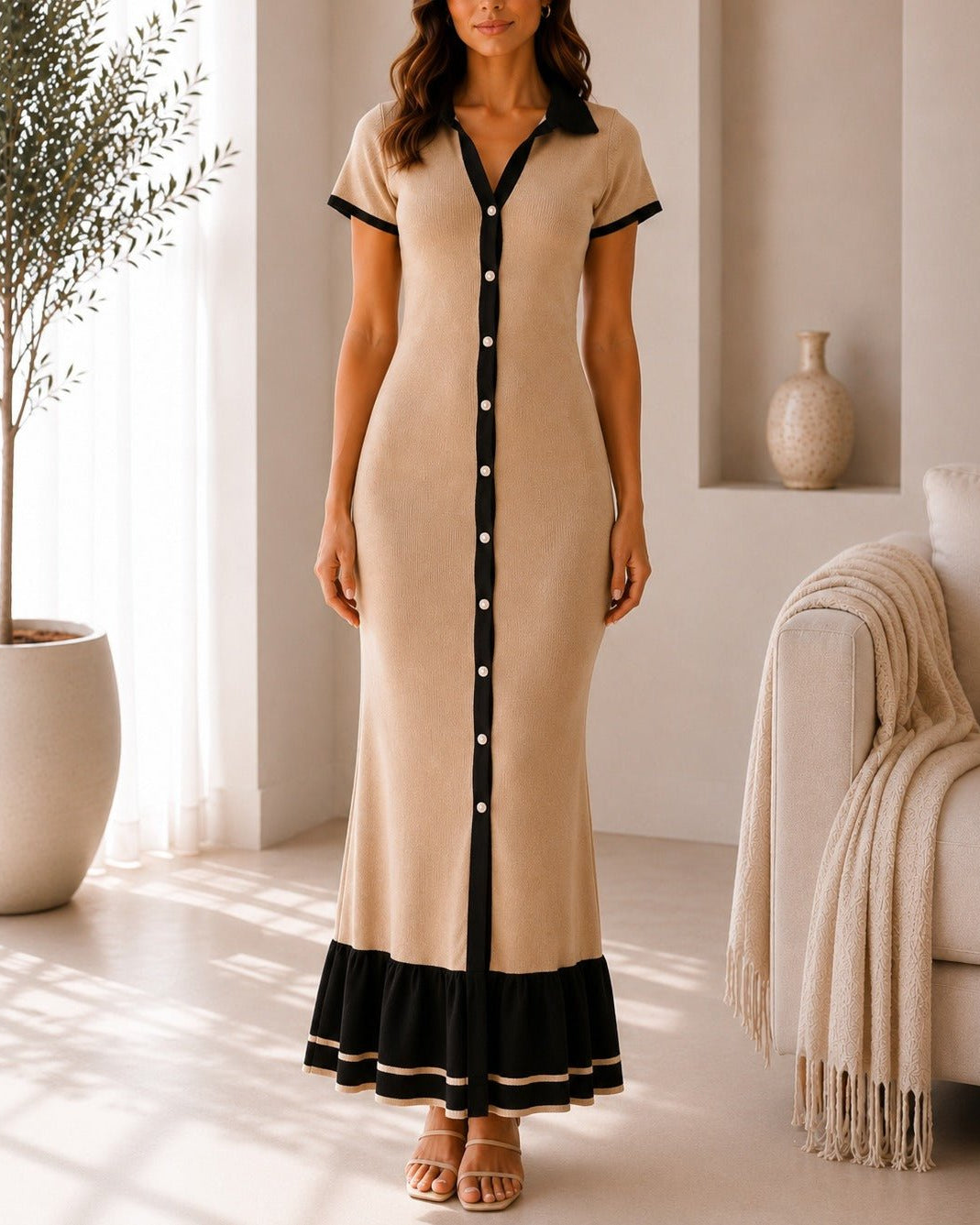Ladies New Feeling Biege Knit Ruffle Hem Dress - StylePhase SA