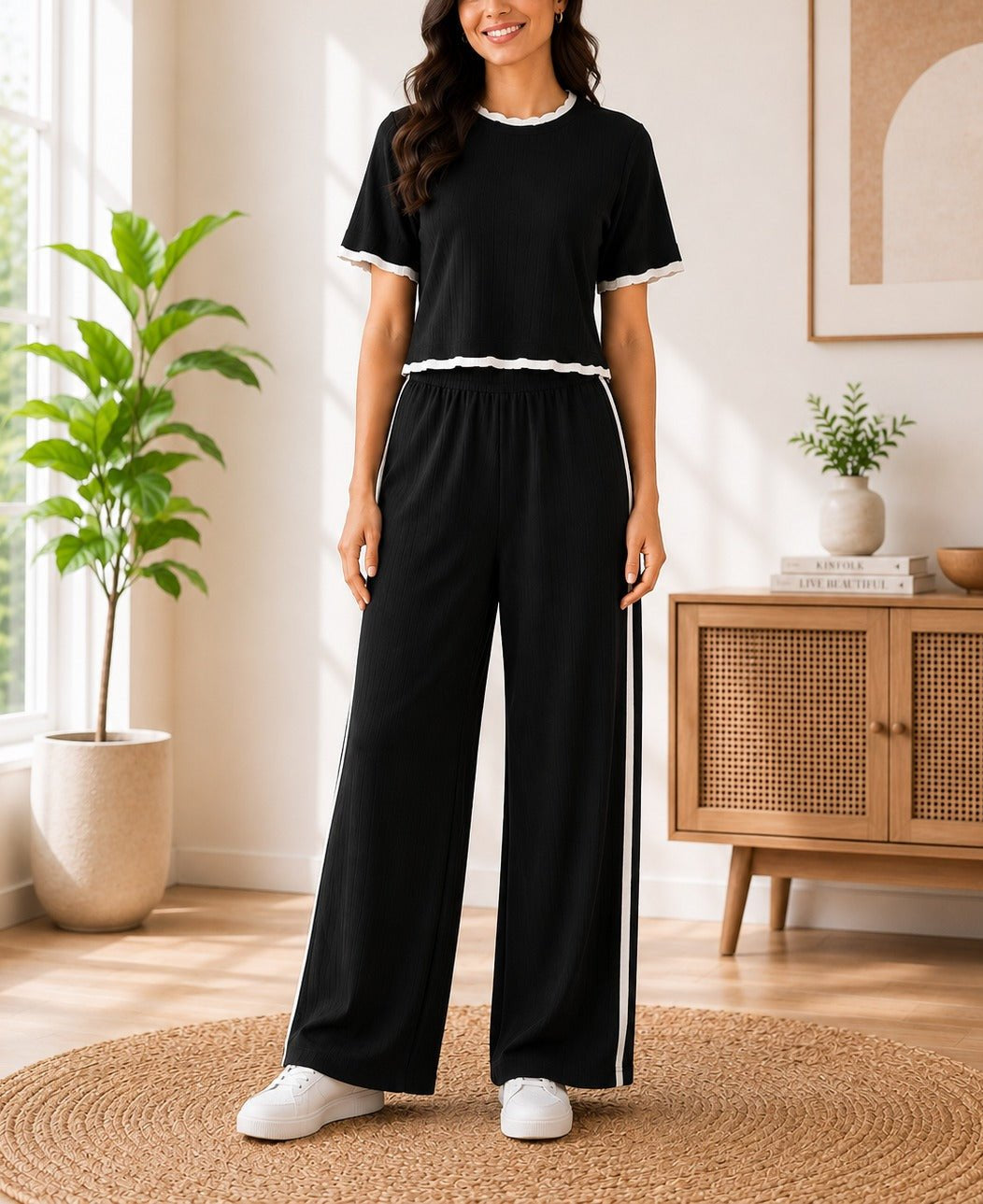Ladies New Feeling Black And White Ribbed Set - StylePhase SA