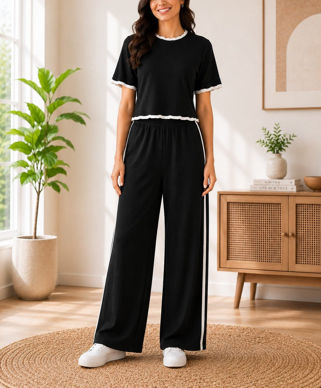 Ladies New Feeling Black And White Ribbed Set - StylePhase SA