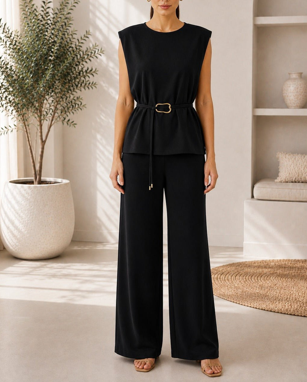 Ladies New Feeling Black Buckle Detail Sleeveless Two-Piece Set - StylePhase SA