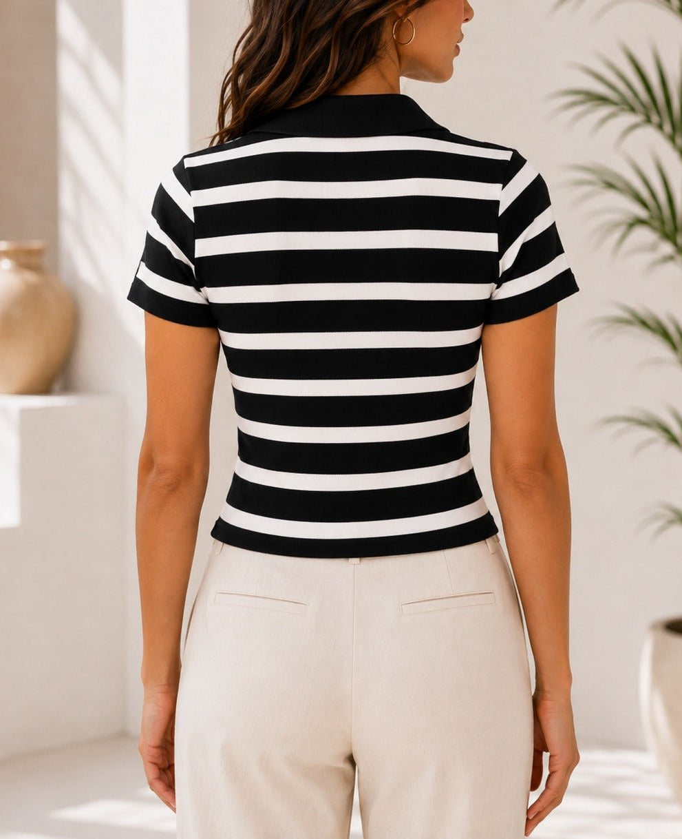 Ladies New Feeling Black Collar Zip Stripe Top - StylePhase SA