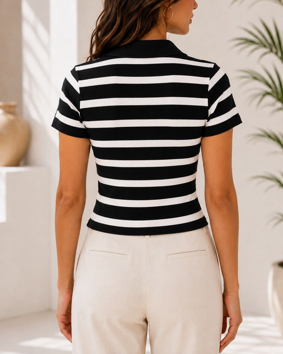 Ladies New Feeling Black Collar Zip Stripe Top - StylePhase SA