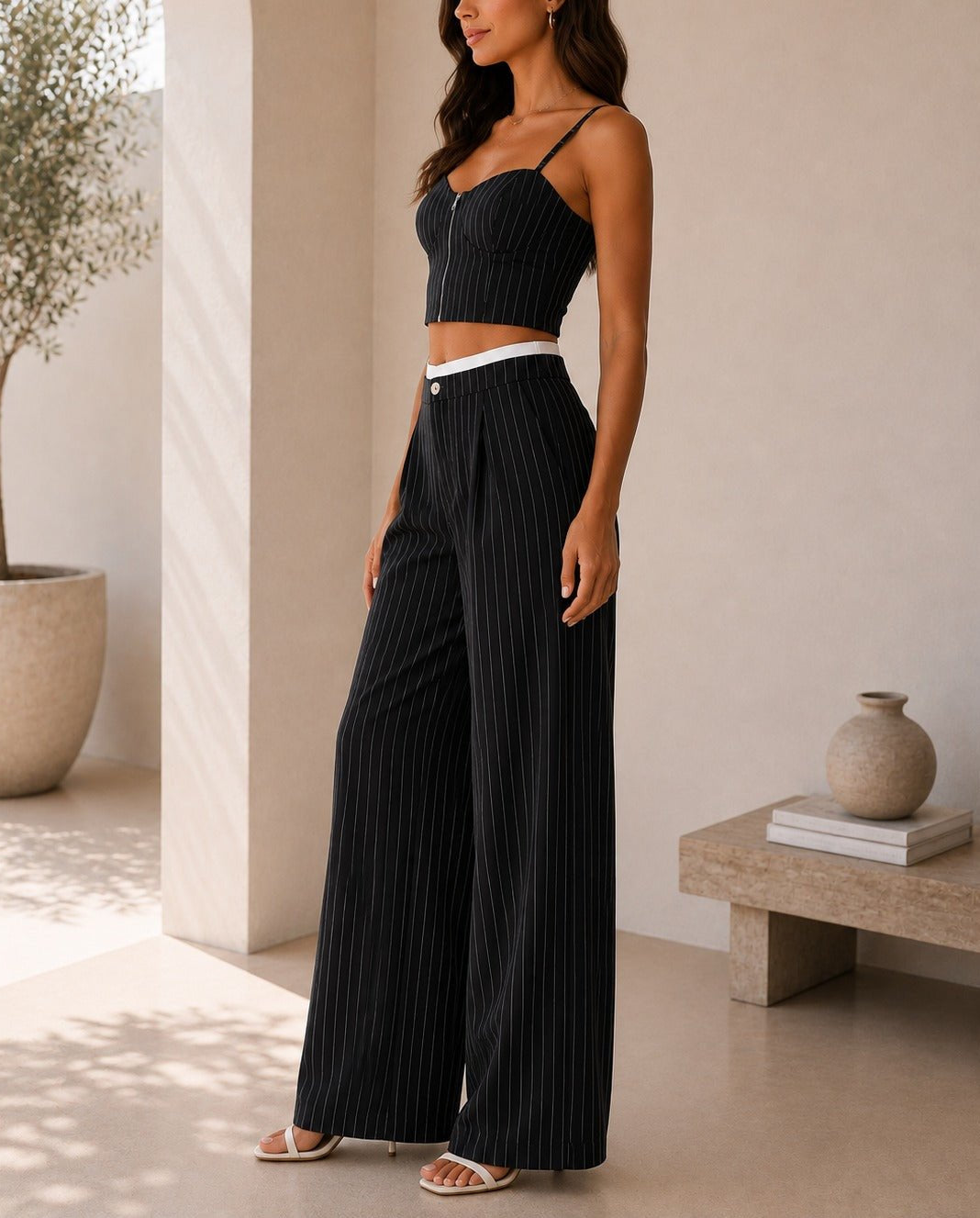 Ladies New Feeling Black Pinstriped Two Piece Set - StylePhase SA