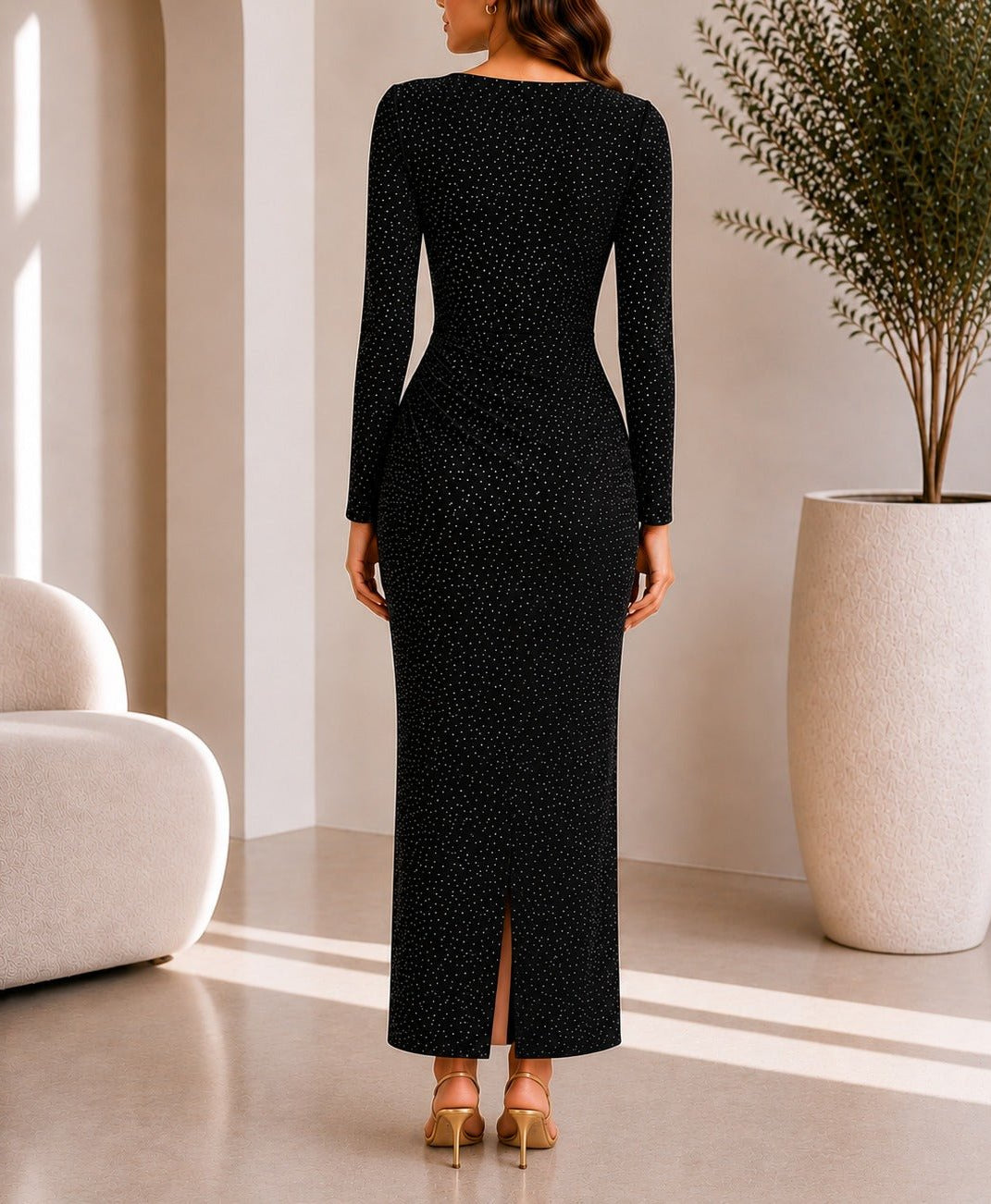 Ladies New Feeling Black Rhinestone Ruched Maxi Dress - StylePhase SA