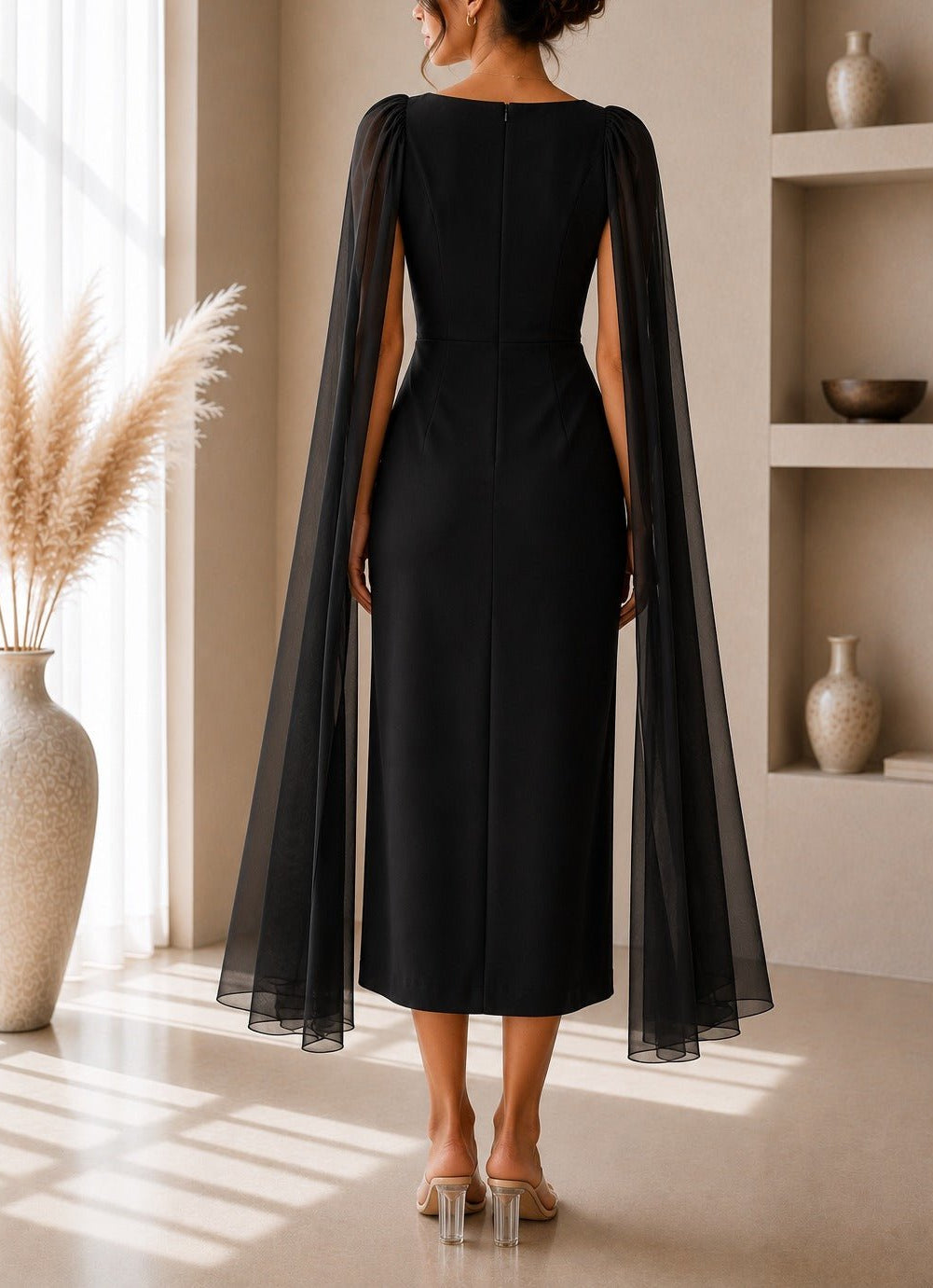 Ladies New Feeling Black Rose Cape Sleeve Dress - StylePhase SA