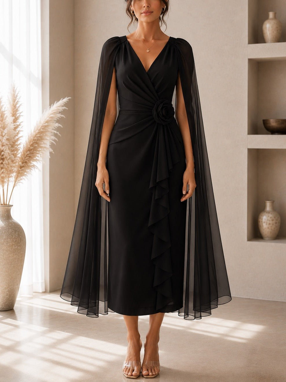 Ladies New Feeling Black Rose Cape Sleeve Dress - StylePhase SA