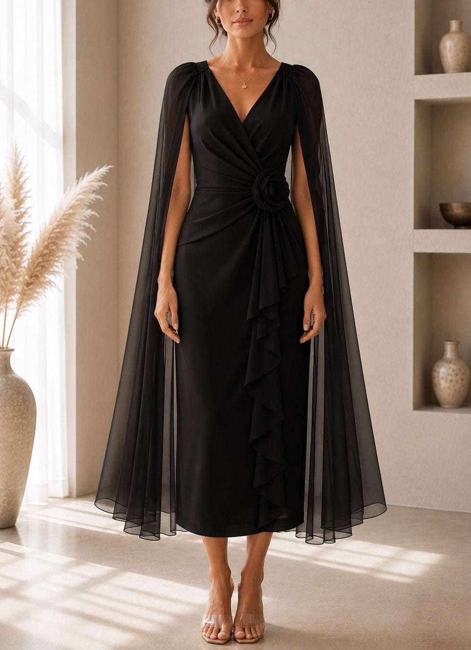 Ladies New Feeling Black Rose Cape Sleeve Dress - StylePhase SA