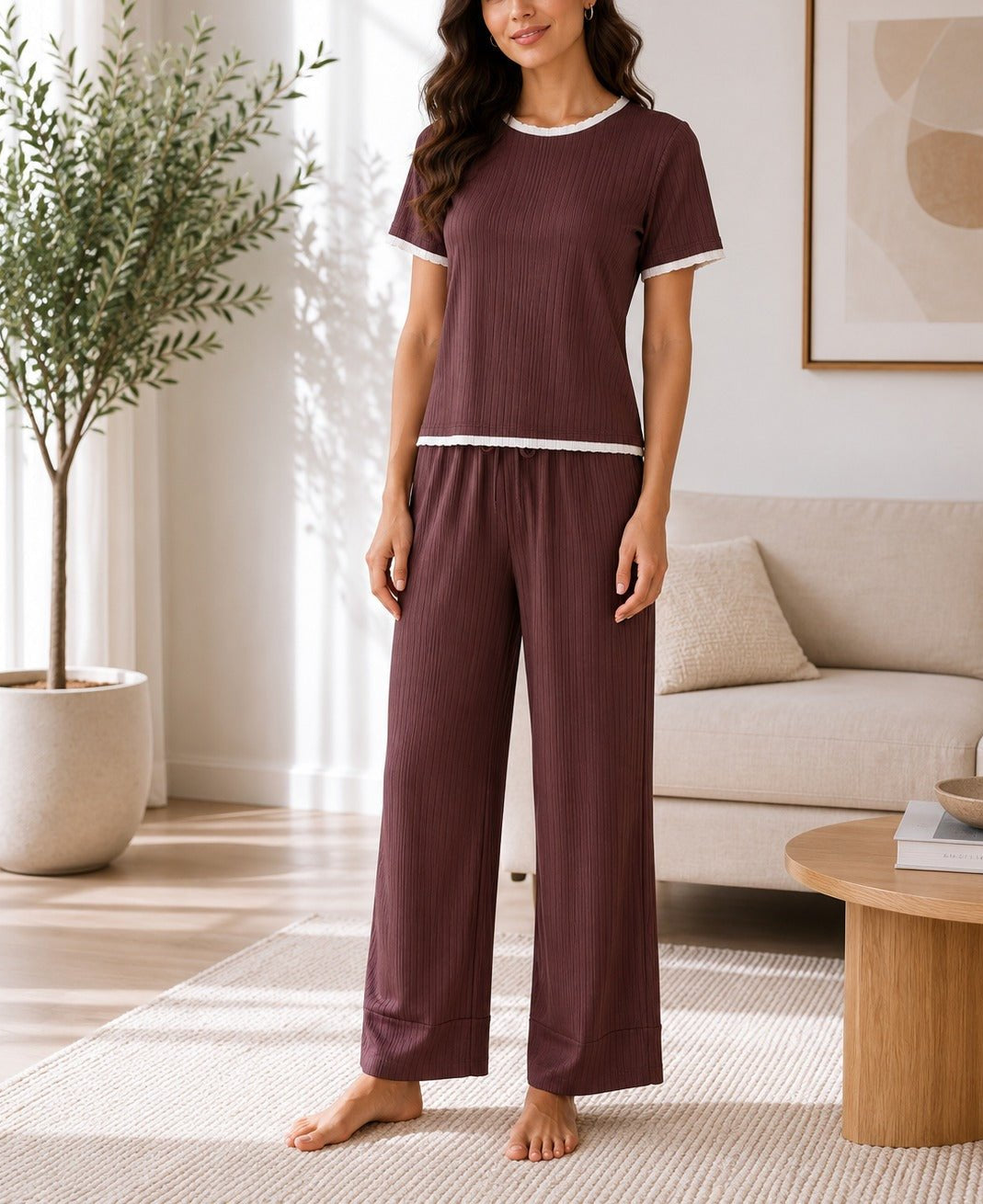 Ladies New Feeling Brown And White Ribbed Set - StylePhase SA