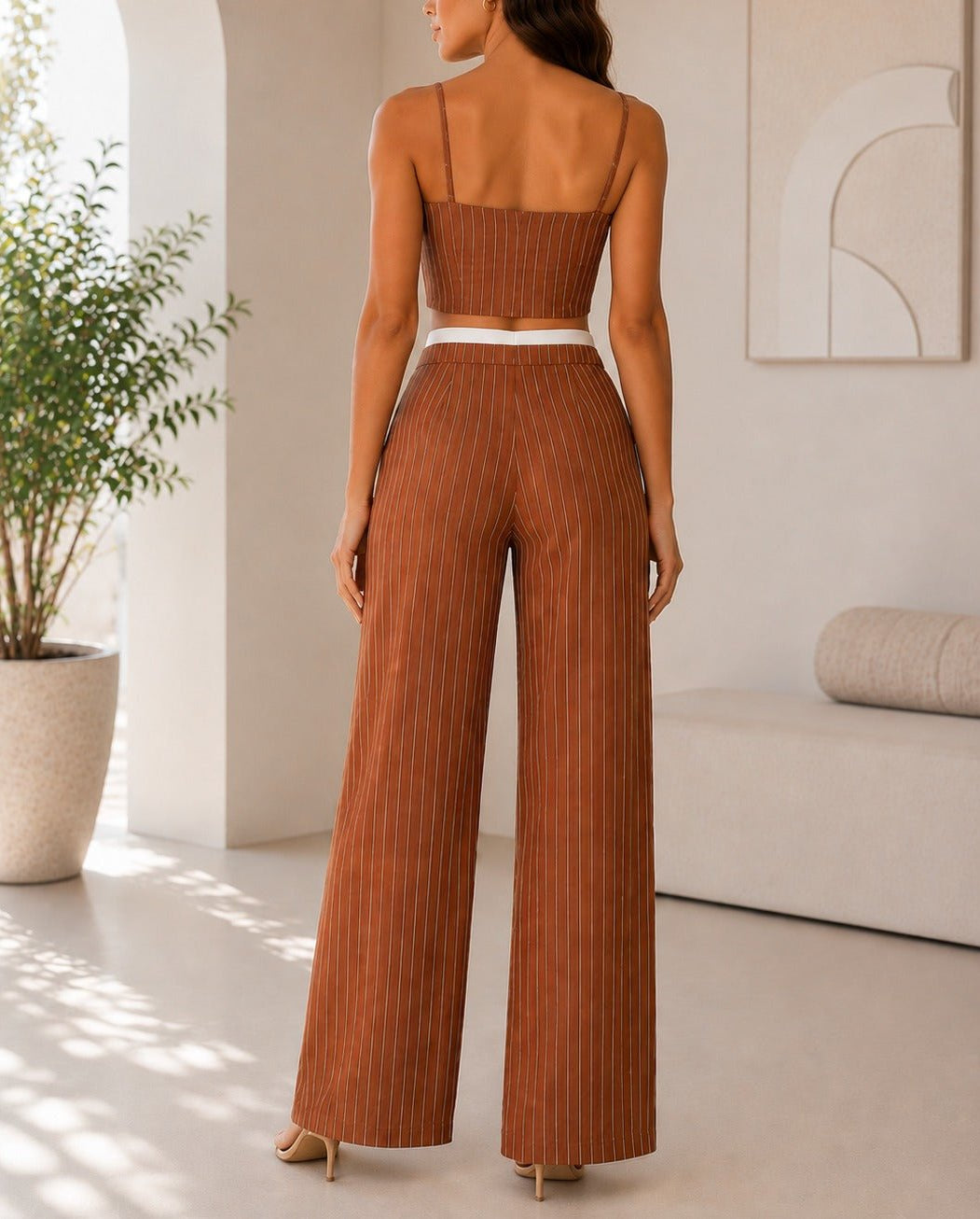 Ladies New Feeling Brown Pinstriped Two Piece Set - StylePhase SA