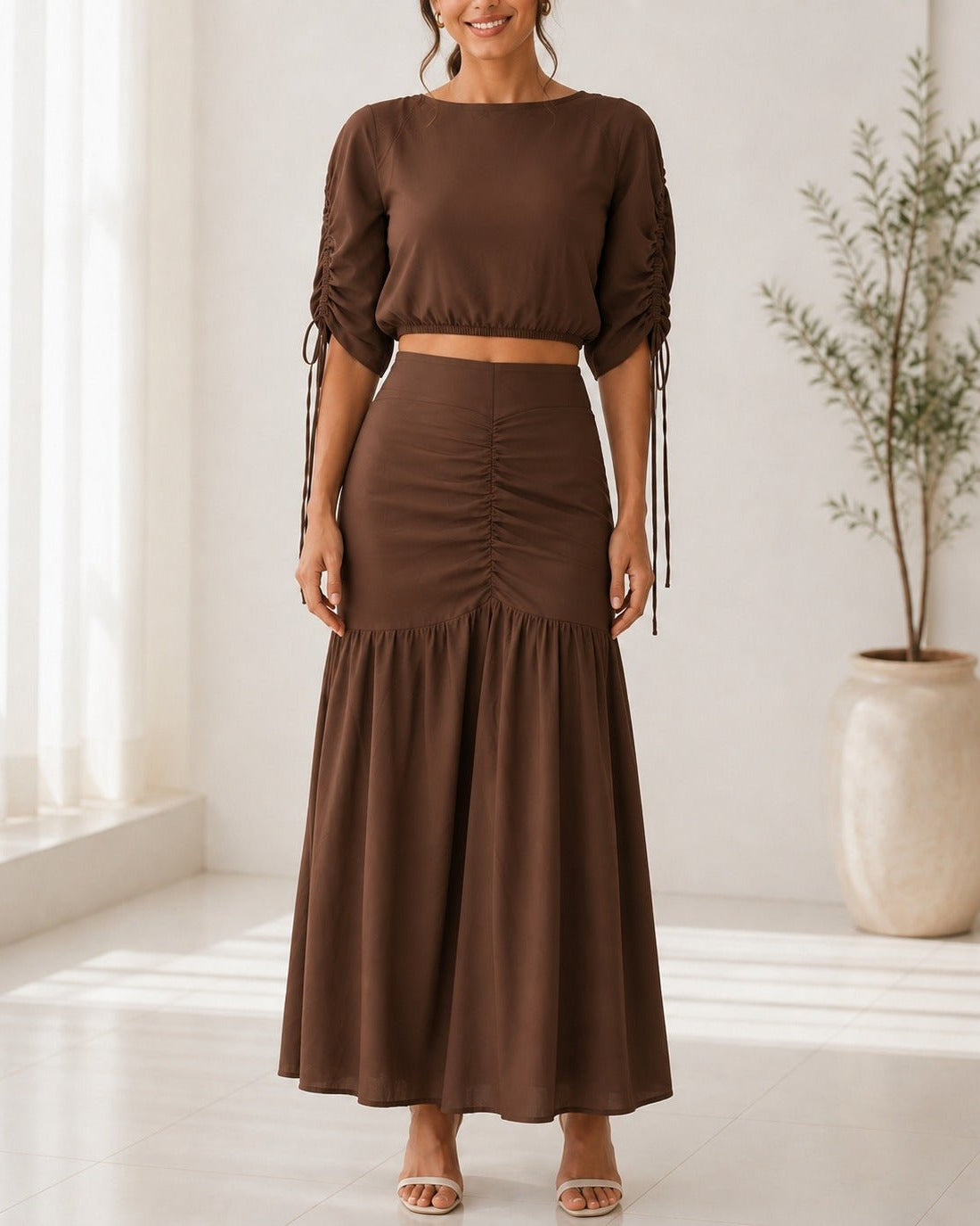 Ladies New Feeling Brown Ruche Two Piece Set - StylePhase SA