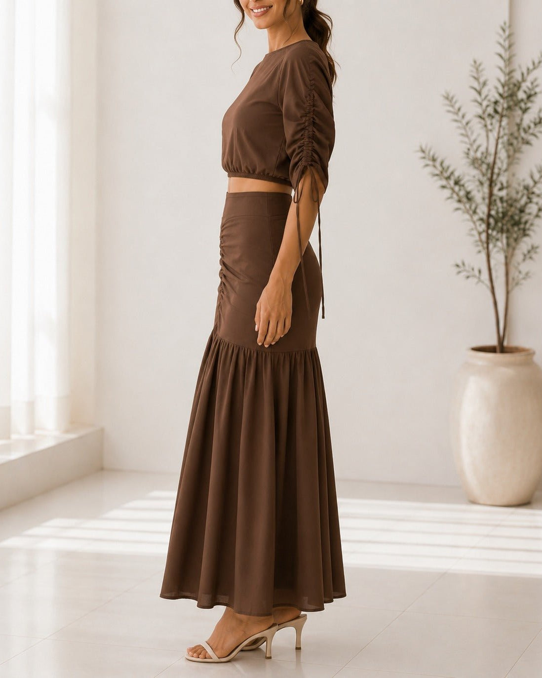 Ladies New Feeling Brown Ruche Two Piece Set - StylePhase SA