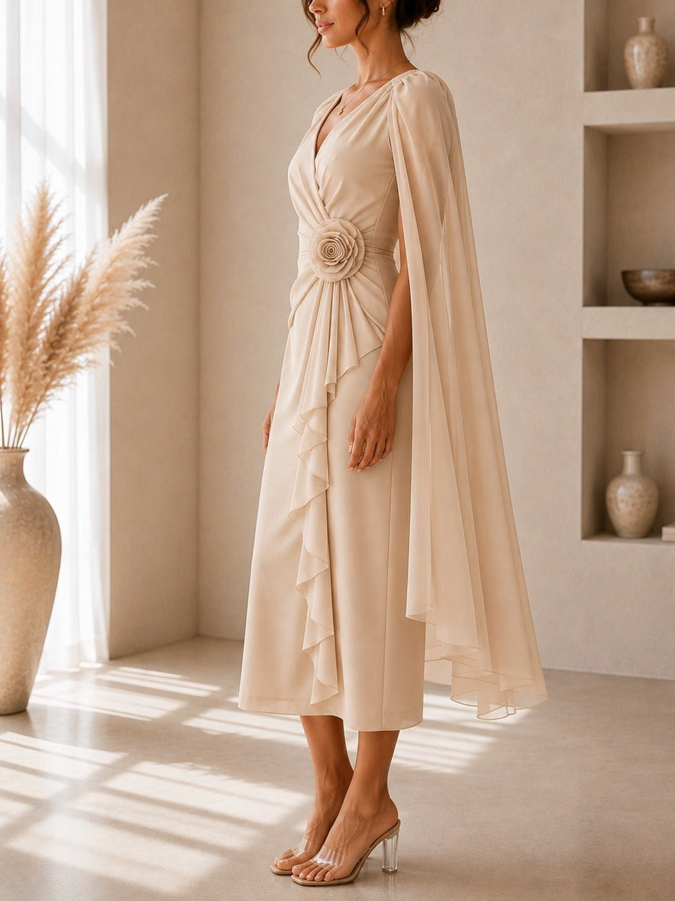 Ladies New Feeling Caramel Rose Cape Sleeve Dress - StylePhase SA