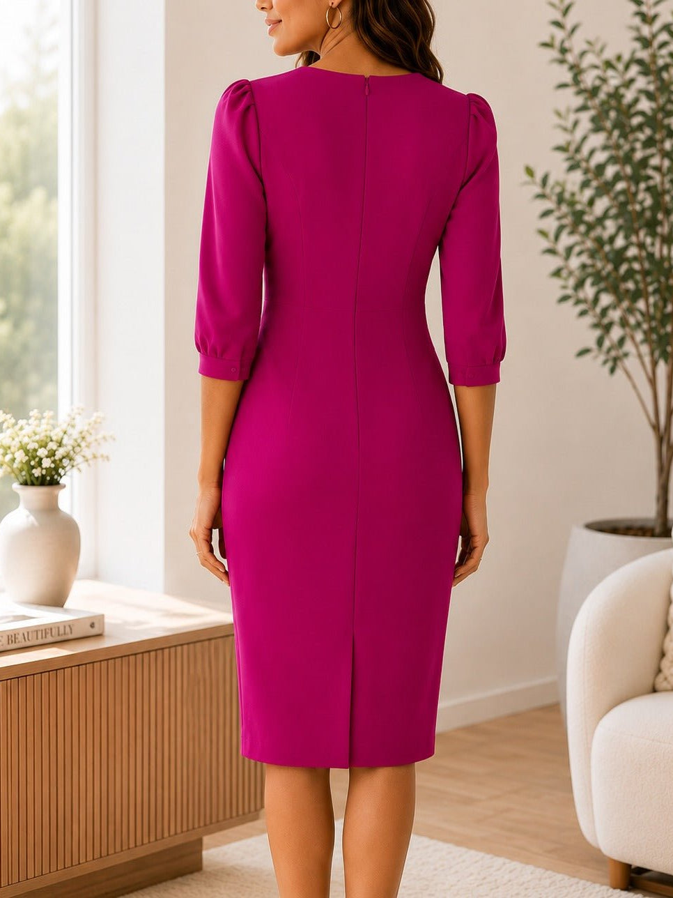 Ladies New Feeling Cerise 3/4 Sleeve Zip Back Dress - StylePhase SA