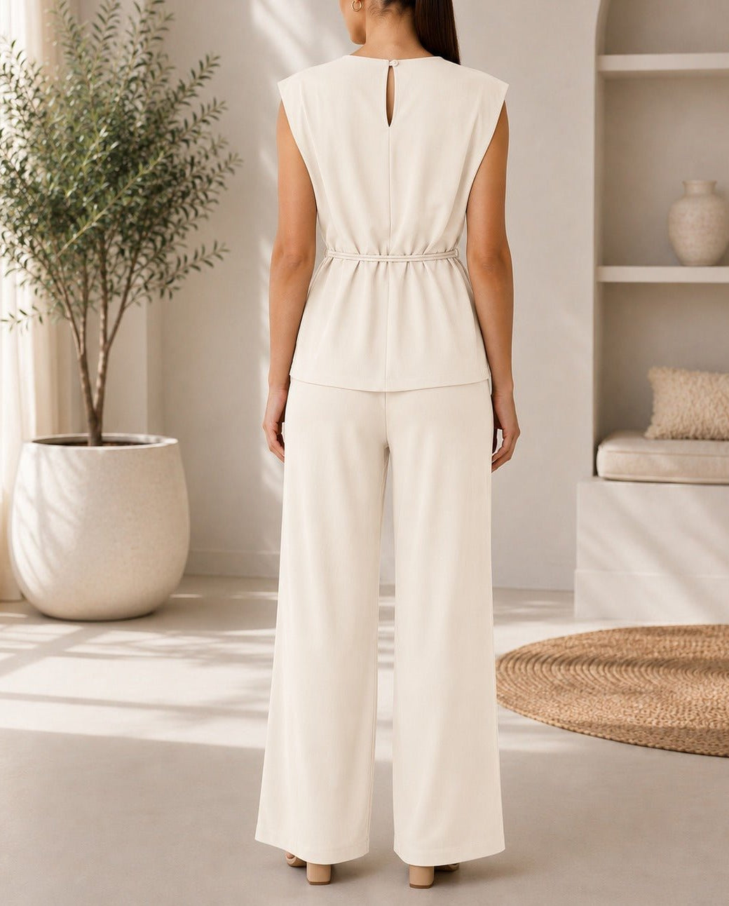Ladies New Feeling Cream Buckle Detail Sleeveless Two-Piece Set - StylePhase SA