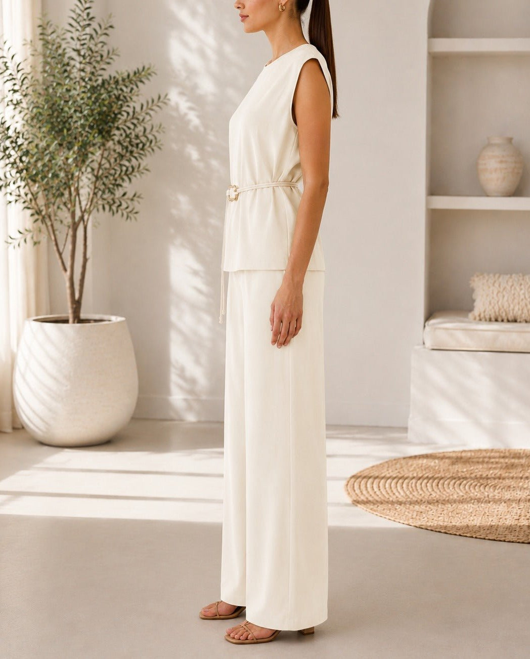 Ladies New Feeling Cream Buckle Detail Sleeveless Two-Piece Set - StylePhase SA