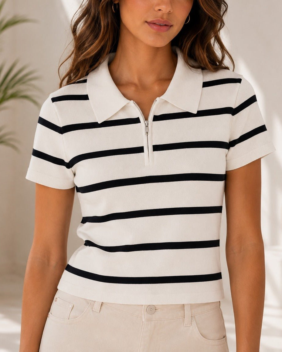 Ladies New Feeling Cream Collar Zip Stripe Top - StylePhase SA
