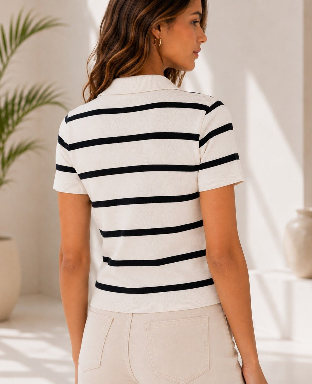 Ladies New Feeling Cream Collar Zip Stripe Top - StylePhase SA