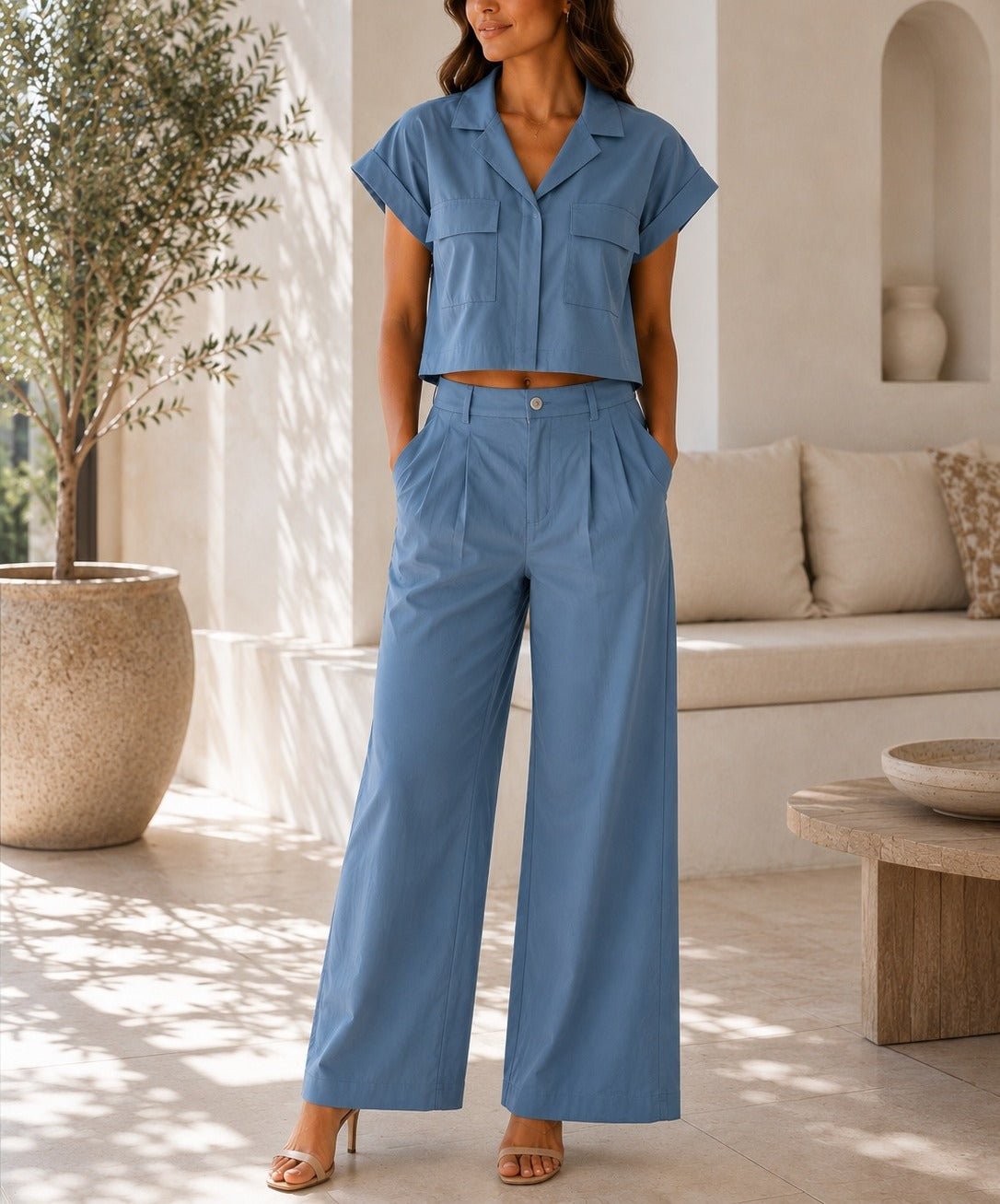 Ladies New Feeling Cropped Shirt And Wide Leg Pants -Blue - StylePhase SA