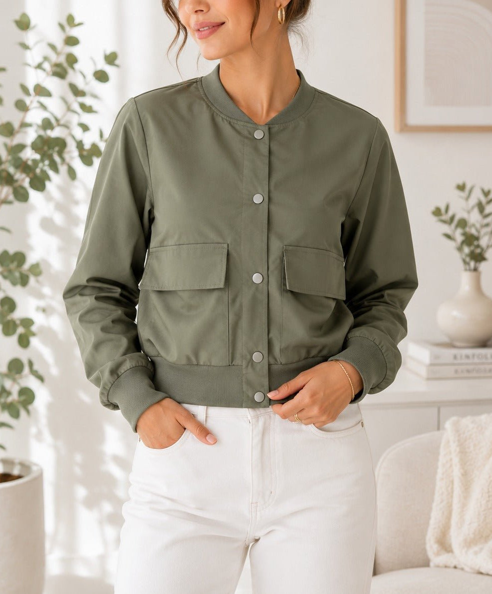 Ladies New Feeling Front Pocket Crop Jacket-Olive - StylePhase SA