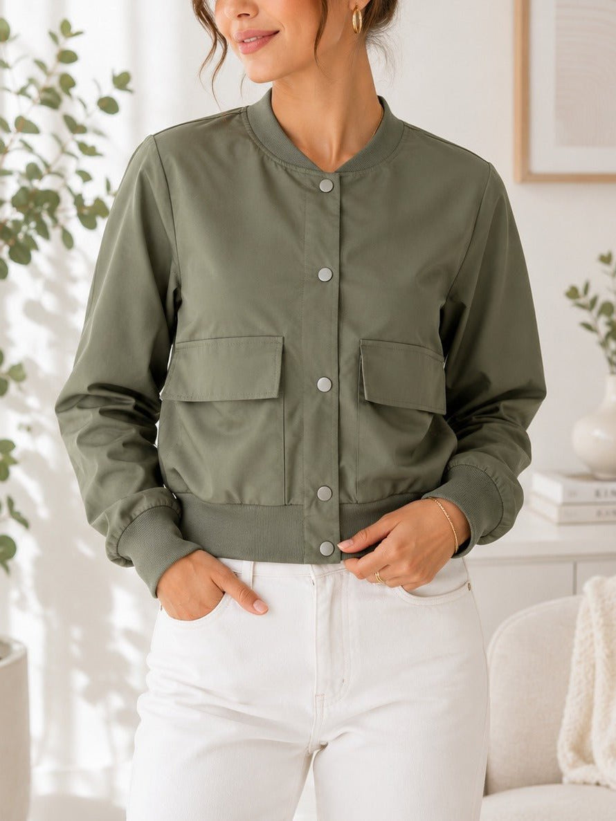 Ladies New Feeling Front Pocket Crop Jacket-Olive - StylePhase SA