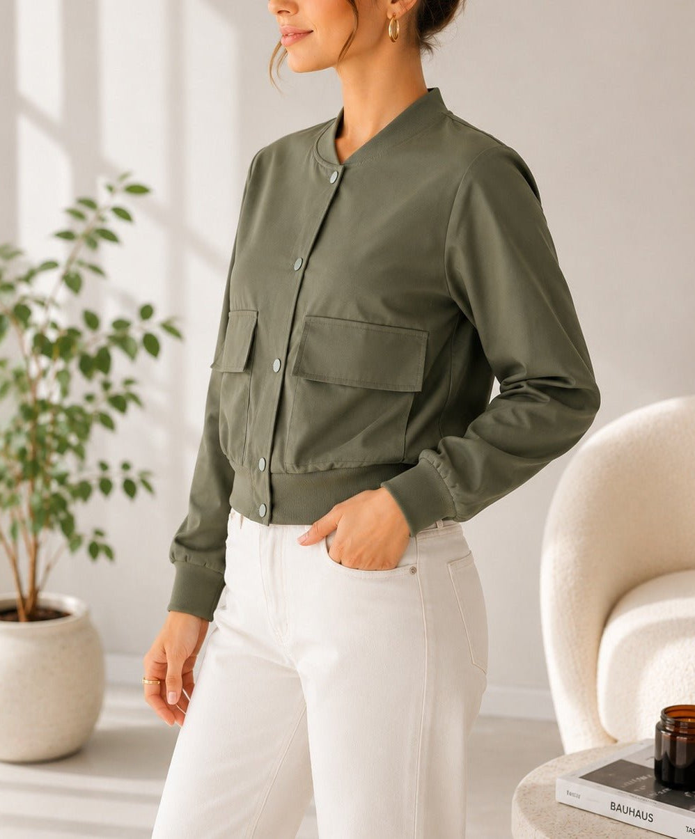Ladies New Feeling Front Pocket Crop Jacket-Olive - StylePhase SA