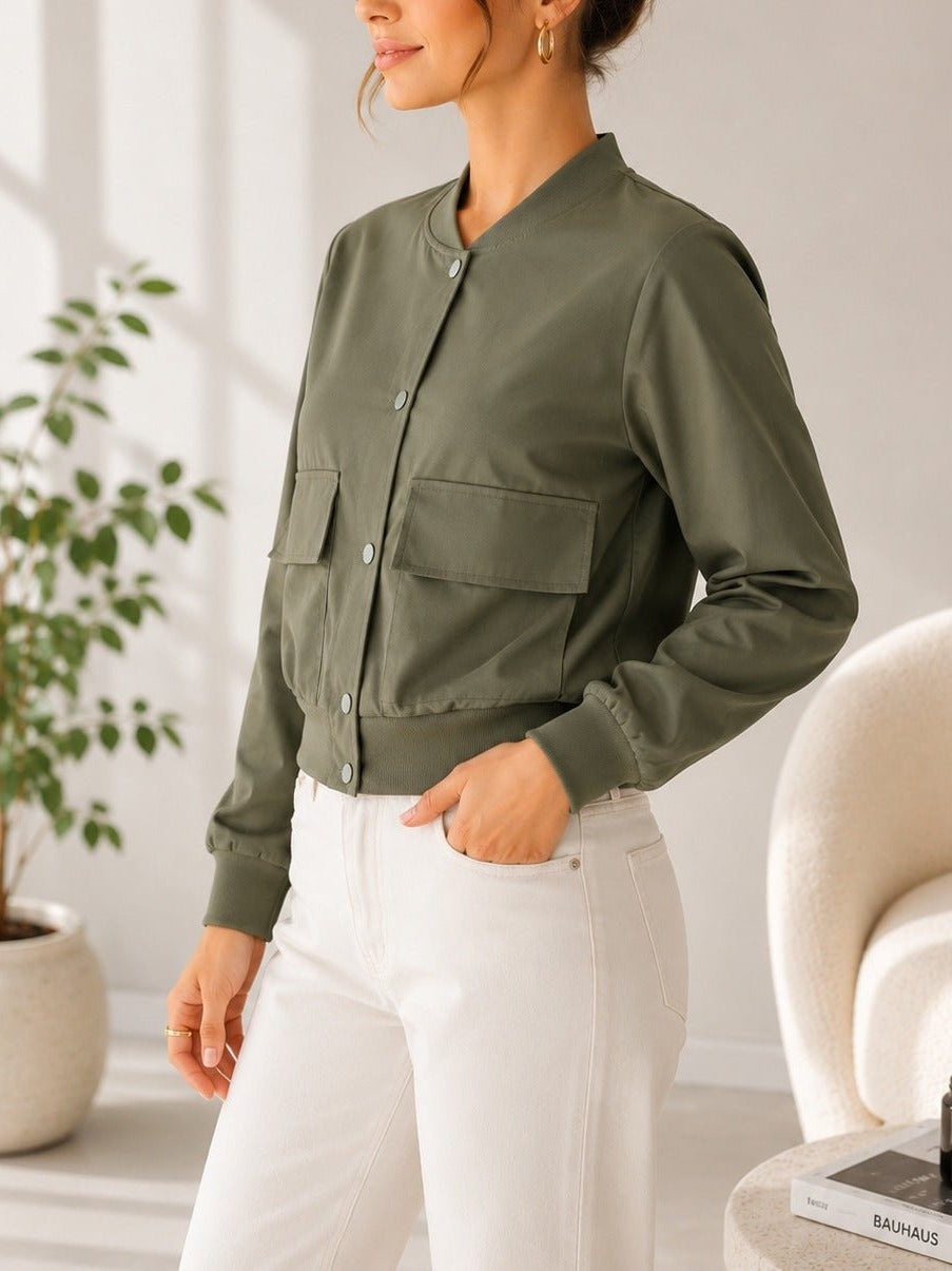 Ladies New Feeling Front Pocket Crop Jacket-Olive - StylePhase SA