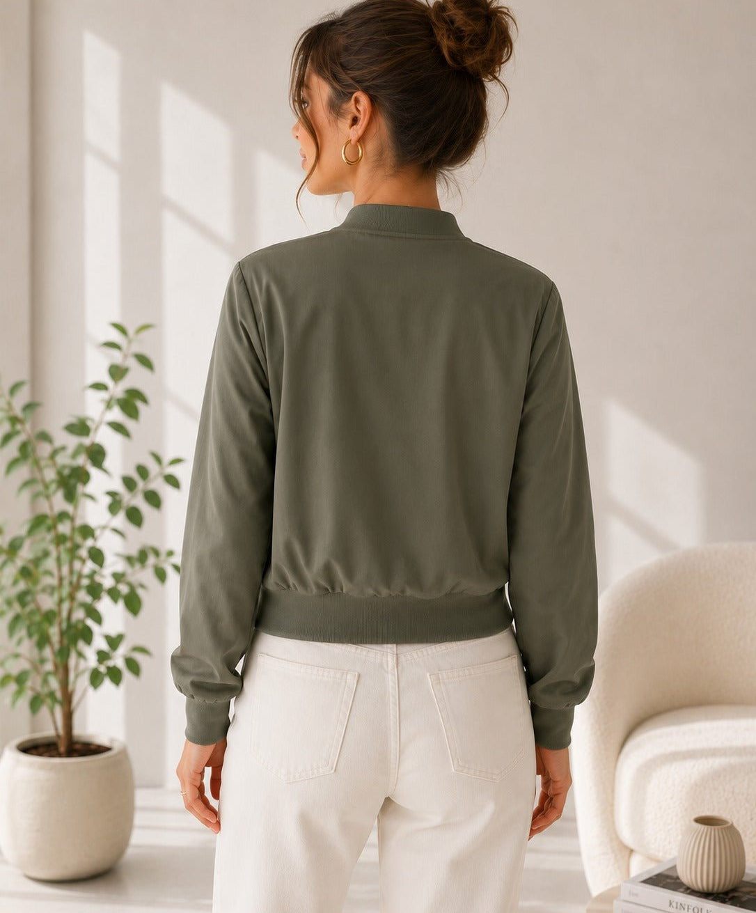 Ladies New Feeling Front Pocket Crop Jacket-Olive - StylePhase SA